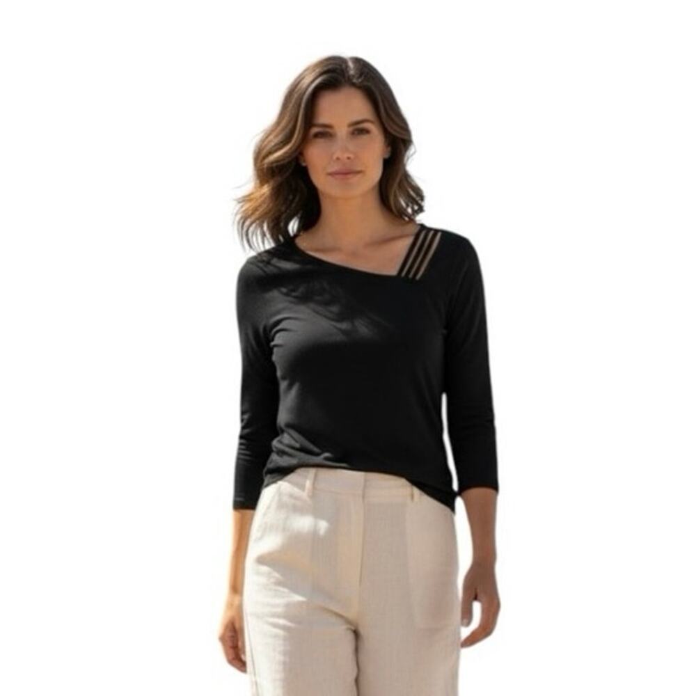 Chico’s Travelers Blouse Women’s Size 0 Small Black Cutout Neckline 3/4 Sl Slink